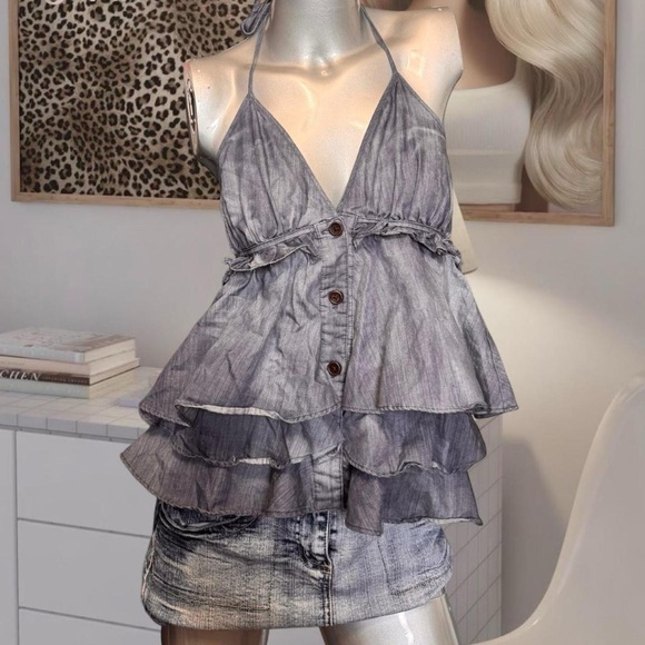 i see Tops - Denim Y2K Layered Frill Ruffle Baby Doll Tank Top